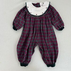 Vintage Carter’s Baby Long Sleeve Plaid Romper with White Floral Collar Size 12m